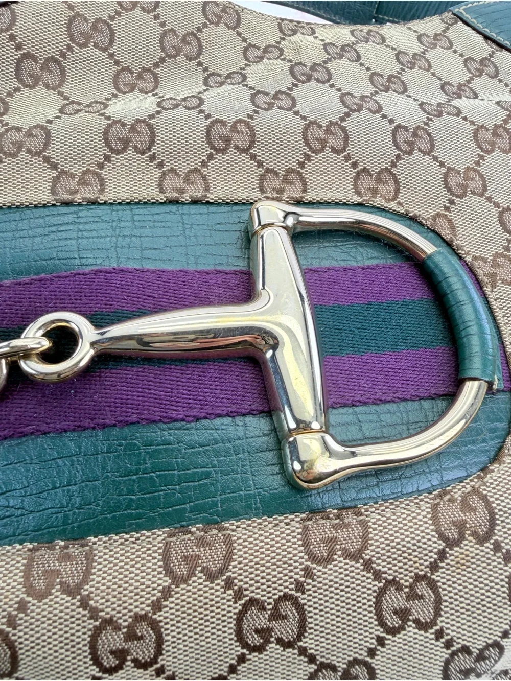 Gucci Beige/Ebony GG Canvas Green Leather Horsebit Hobo Bag